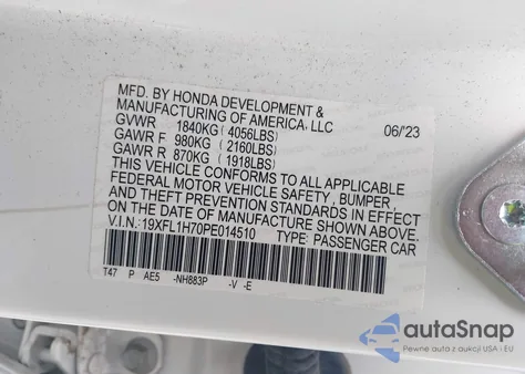 2023 Honda Civic Ex-L/Ex-L W/O Bsi из США, поврежденный, VIN 19XFL1H70PE014510